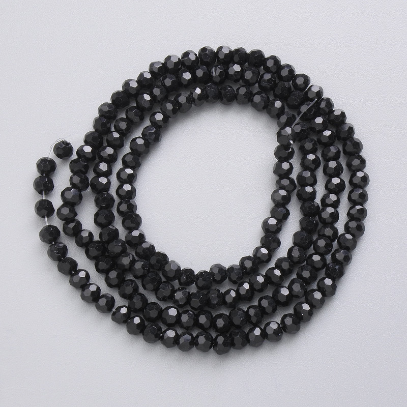 Czech Crystal Beads on thread, black matte faceted ball, diameter 3mm +/-, length 41cm +