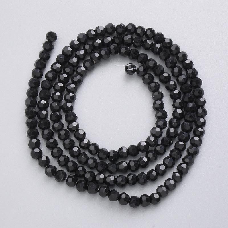 Czech Crystal Beads on thread, black matte faceted ball, diameter 3.5mm +/-, length 49cm +