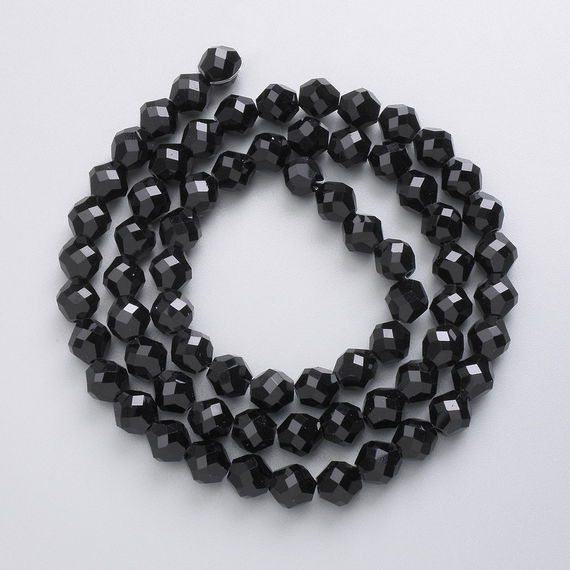 Czech Crystal Beads on thread, black matte faceted ball, diameter 7mm +/-, length 49cm +
