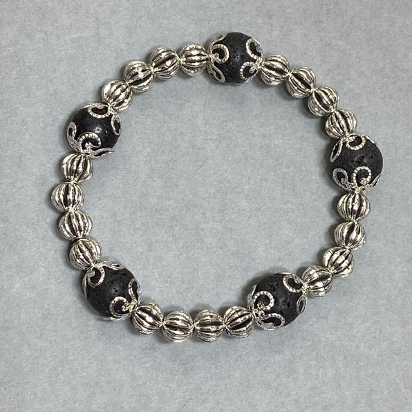 Bracelet Smooth Lava Ball, diameter 10mm+/- with Metal Inserts, length 18cm+/- stretch