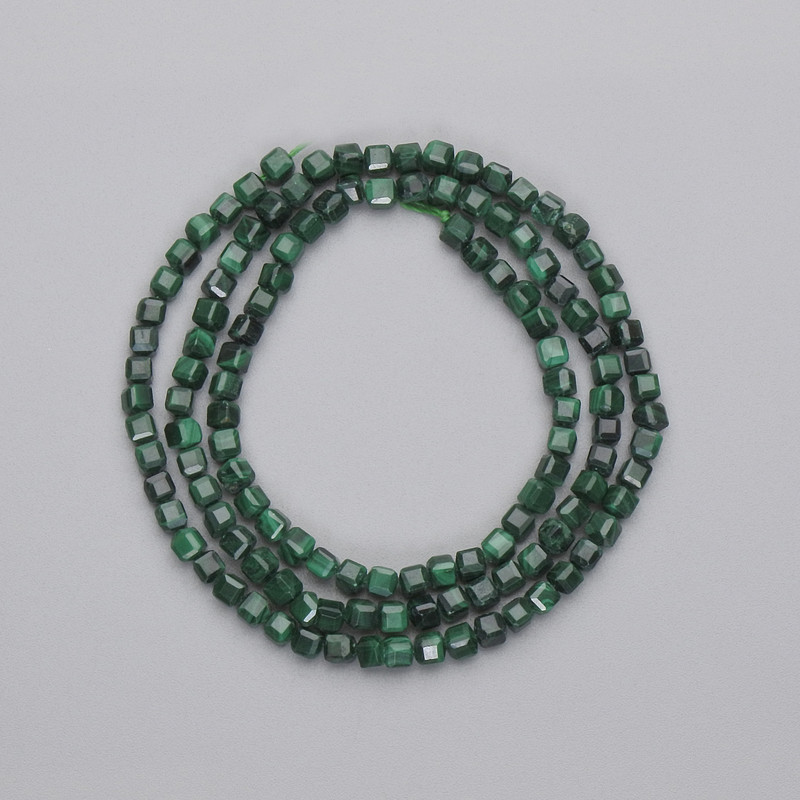 Malachite Beads Faceted Cube 3mm± on Thread, 39cm+ Length