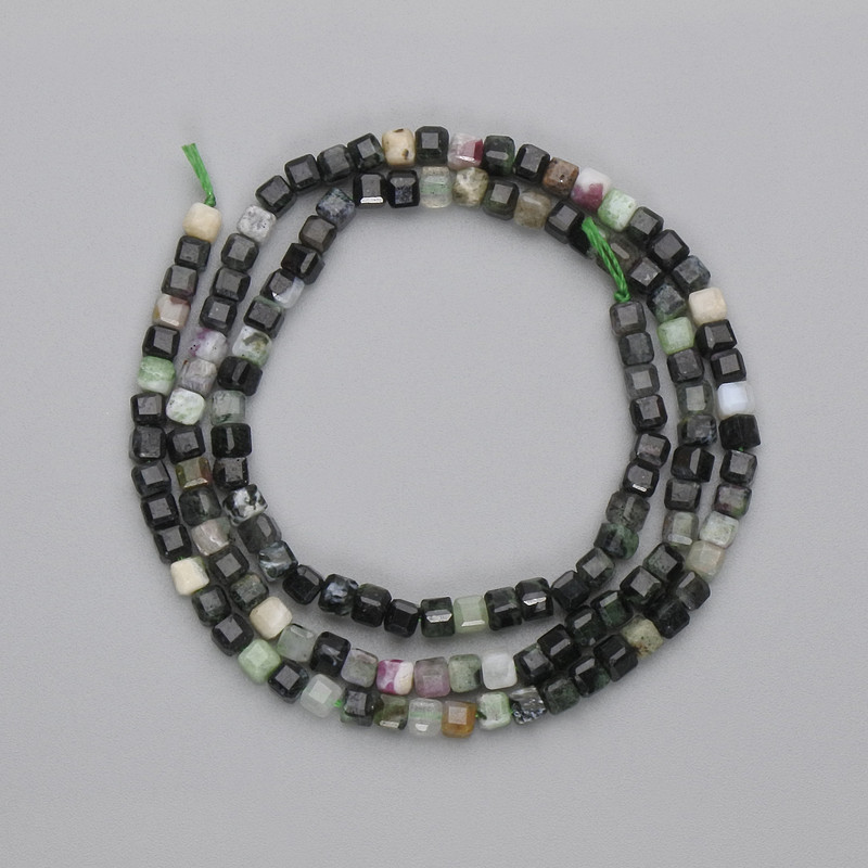 Elbaite Tourmaline Beads, faceted cube, 3×3 mm ± on thread, length 38 cm +