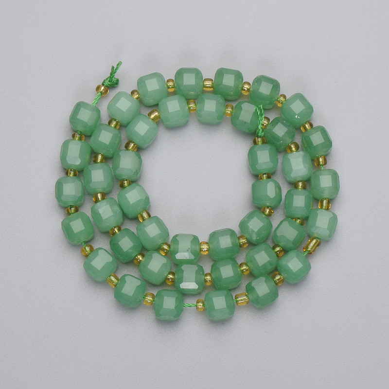 Jade Beads Faceted Cube, diameter 6.5x6.5mm+/- seed beads 3mm+/- on a thread, length 38cm+