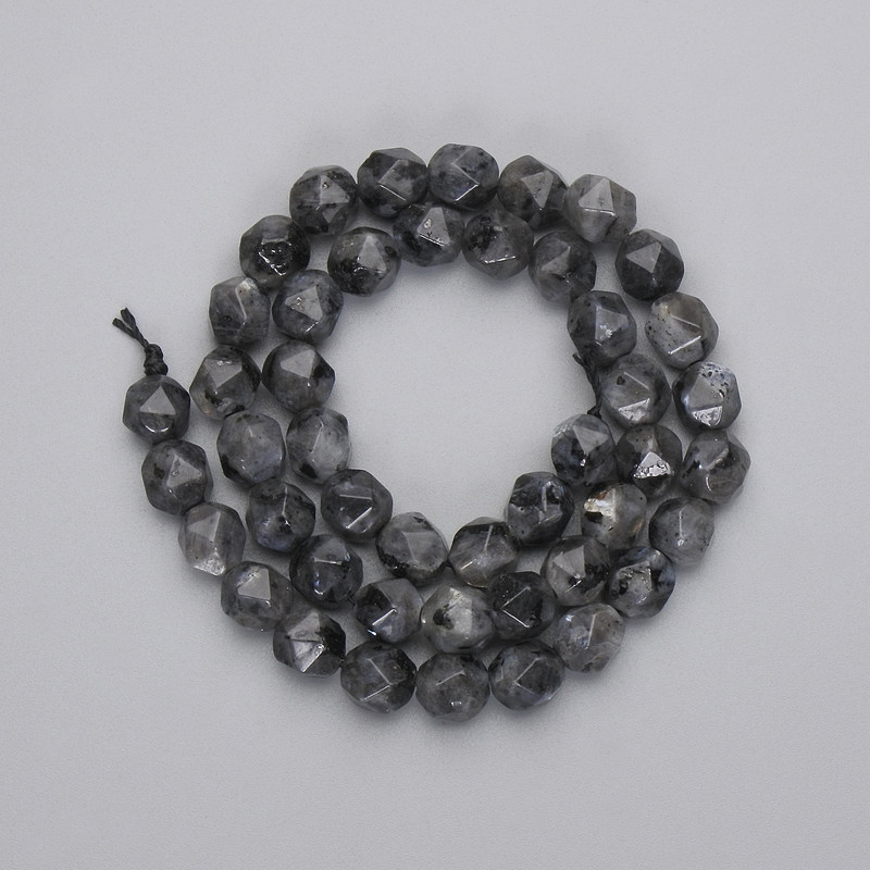 Larvikite Beads Faceted Polyhedron, diameter 8x7mm+/- on a thread, length 37cm+