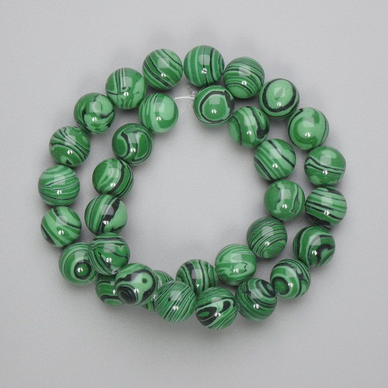 Malachite Beads, Pressed Smooth Round, Diameter 12mm+/- on Fishing Line, Length 39cm+
