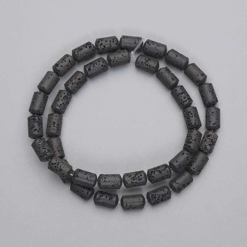 Black Volcanic Lava Beads, Cylinder, Diameter 10x6mm+/- on Fishing Line, Length 38cm+