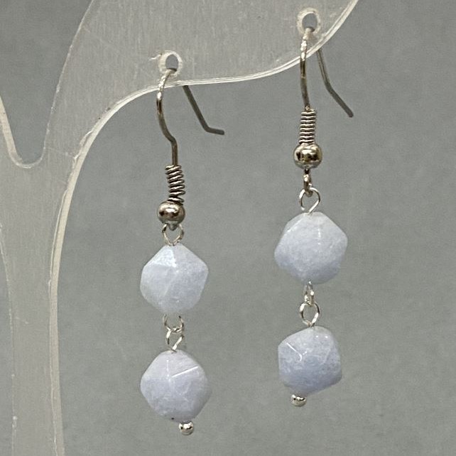 Aquamarine Earrings, natural stone, faceted, diameter 8x7mm+/-, length 40mm+/-, silver-toned metal
