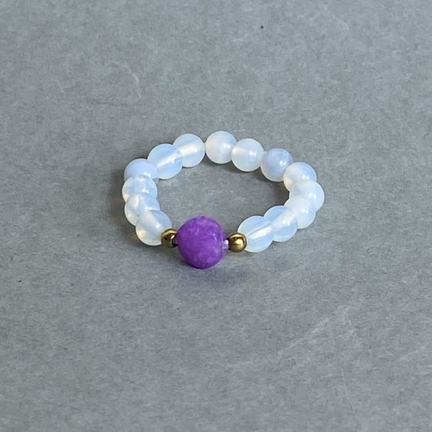 Opalite Ring, smooth round bead diameter 4mm+/-, Tourmaline faceted coin 6mm+/-, Haematite 2mm+/-, stretch