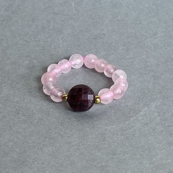 Rose Quartz Ring, smooth round bead diameter 4mm+/-, Tourmaline faceted coin 8mm+/-, Haematite round bead 2mm+/-, stretch