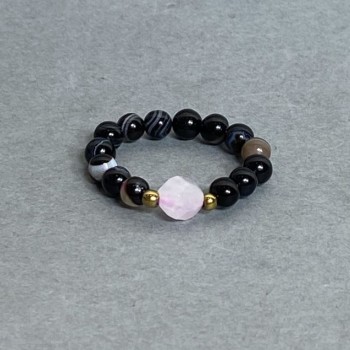 Agate Ring, faceted round bead diameter 4mm+/-, Rose Quartz polyhedron 6x5mm+/-, stretch