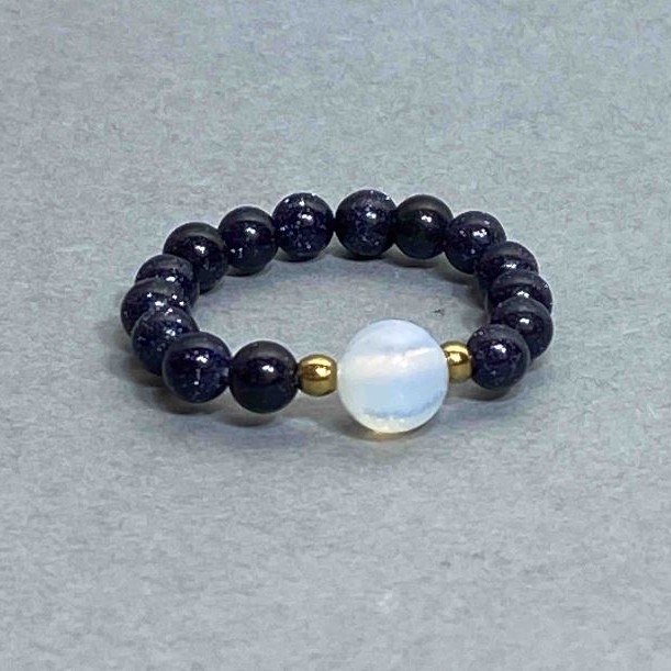 Aventurine 'Cairo Night' Ring, smooth round bead diameter 4mm+/-, Opalite round bead 5.5mm+/-, Haematite round bead 2mm+/-, stretch