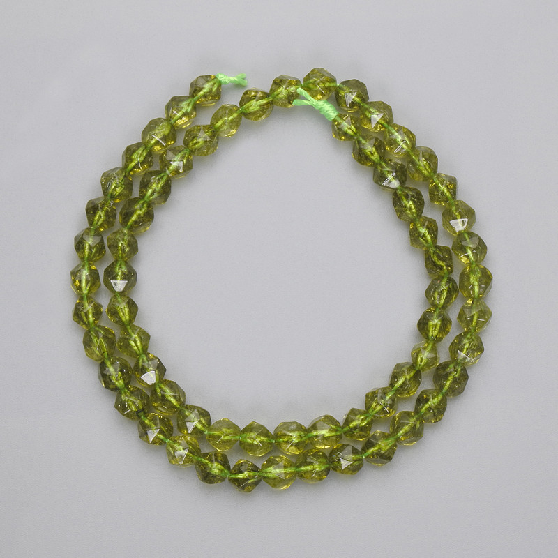 Chrysolite Beads, Faceted Polyhedron, Diameter 5.5x5mm+-, Length 37cm+- on a Strand