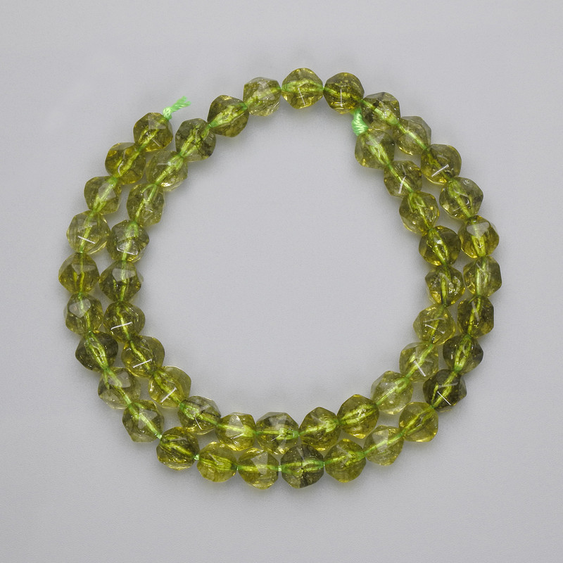 Chrysolite Beads, Faceted Polyhedron, Diameter 7-7.5x7-7.5mm+-, Length 36cm+- on a Strand