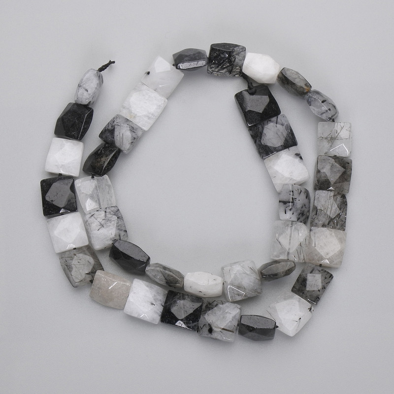 Rutilated Quartz (Hairy) Faceted Square Beads, Diameter 9-10x9-10mm+-, Length 39cm+- on Thread