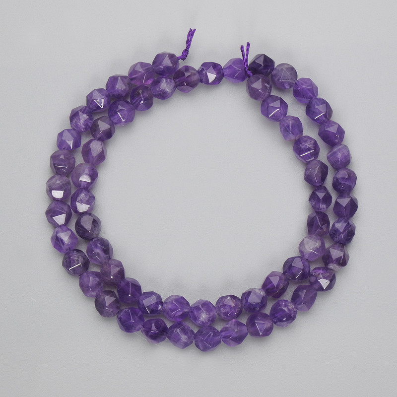Amethyst Faceted Polyhedron Beads, diameter 6x5.5mm+/-, length 37cm+/- on a strand