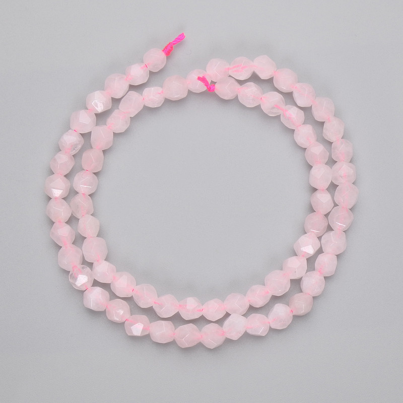 Rose Quartz Faceted Polyhedron Beads, diameter 5.5x5mm+/- on a strand, length 36cm+