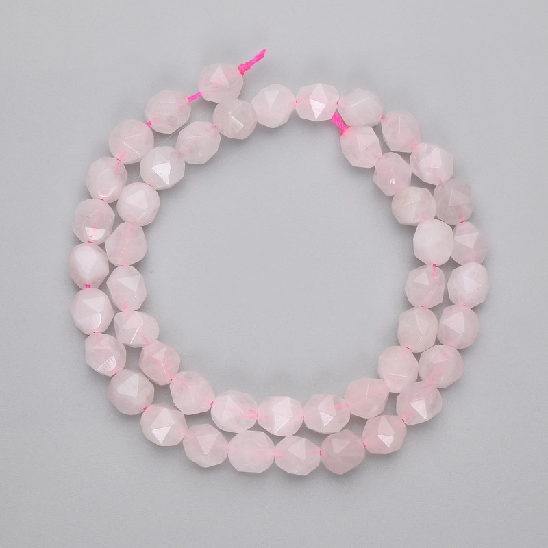 Rose Quartz Faceted Polyhedron Beads, diameter 8x6.5mm+/- on a strand, length 36cm+