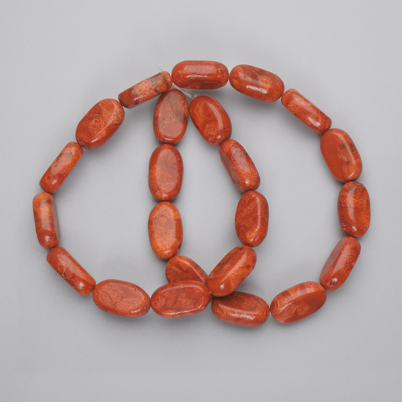 Tubular Holed Coral Beads Oval, Ø 18×11 mm± on thread, length 42 cm+