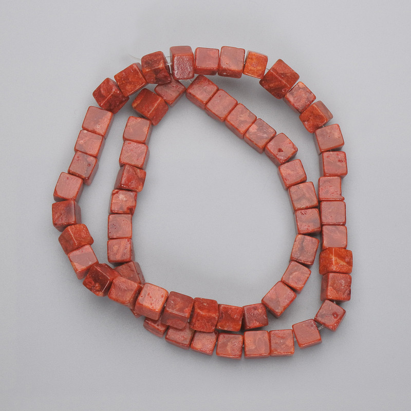 Hollow coral beads cube shape 7x7mm± on thread, length 42cm+