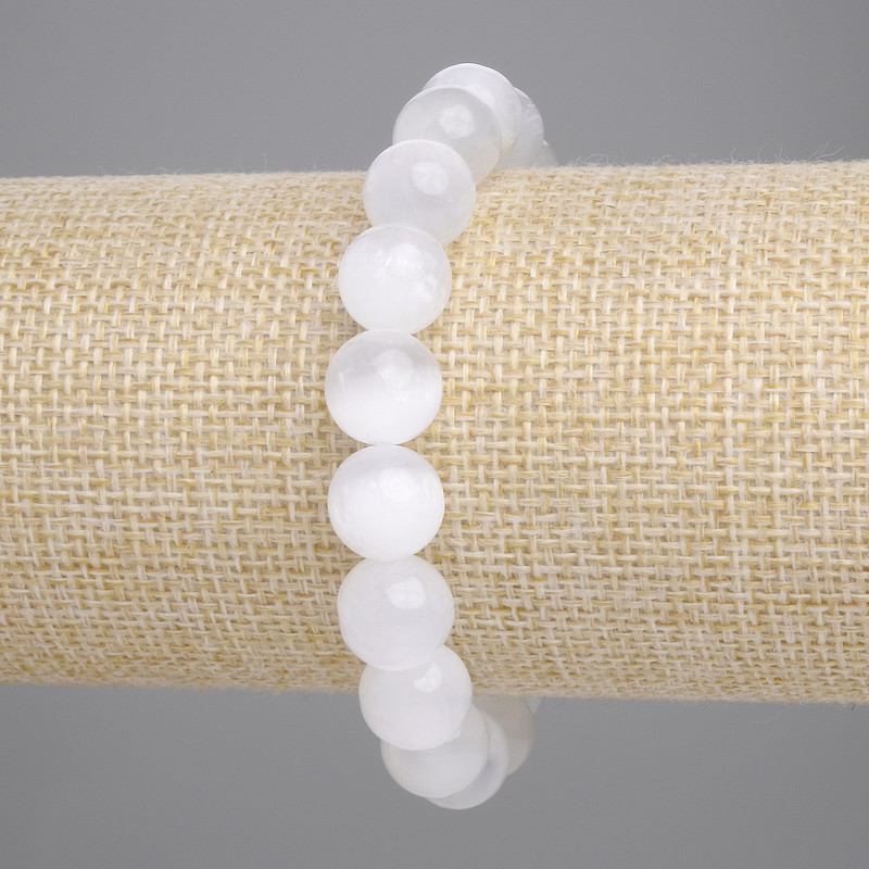 Selenite Bracelet Smooth Round Beads, Diameter 10mm+/-, Length 18cm+/- Stretch