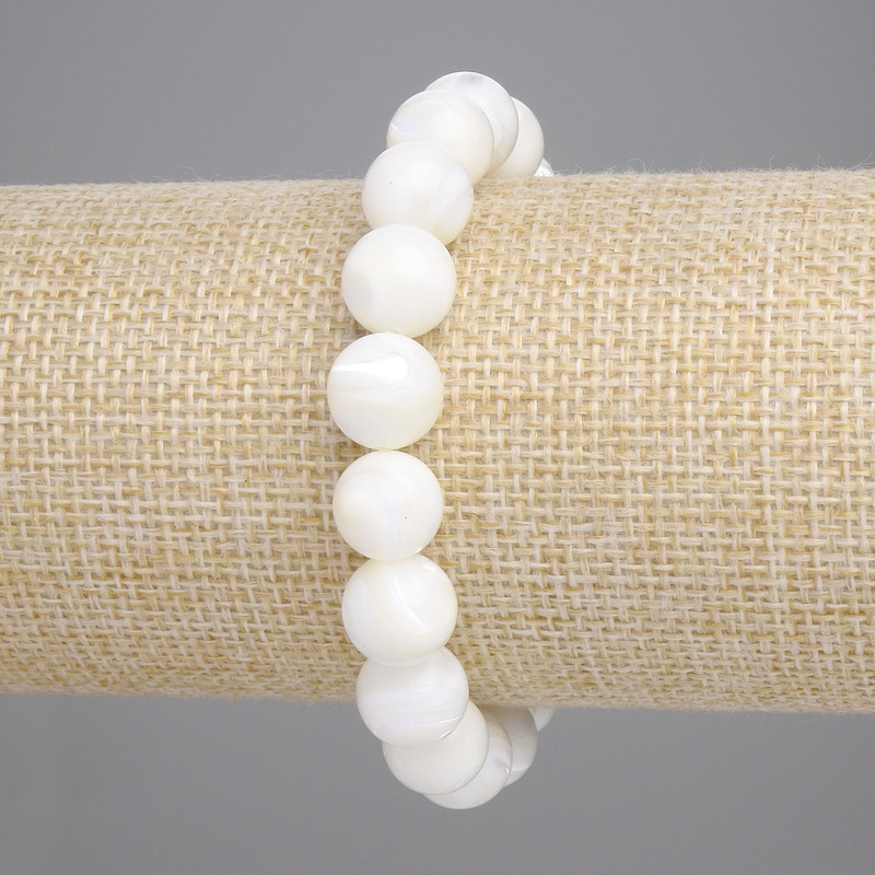 Bracelet, Mother-of-Ppearl, smooth bead, diameter 10mm ±, length 18cm ±, stretch