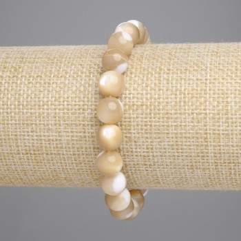 Beige Bracelet with Mother-of-Pearl, smooth bead, diameter 8.5mm ±, length 18cm ±, stretch