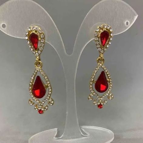 Earrings with red crystals and white rhinestones, gold-tone metal, diameter 16mm ±, length 47mm ±