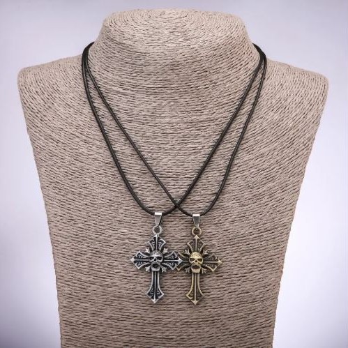 Pair Friendship Pendants Crosses with Skulls, length 42-48cm, 45x30mm diameter