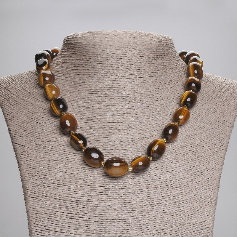 Tiger's Eye Bead Faceted Necklace 15-16×11-13 mm ± with 3 mm beads ± length 45 cm ± with clasp