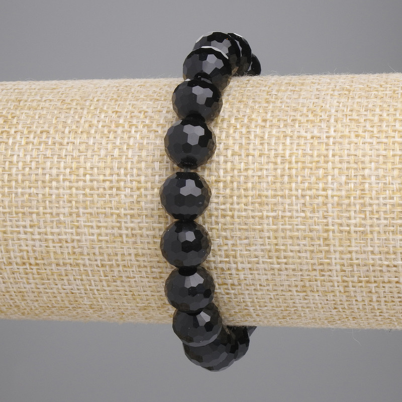 Agate (Imitation) Bracelet Black Czech Glass Faceted Bead 10mm+/-, Length 18cm Stretch
