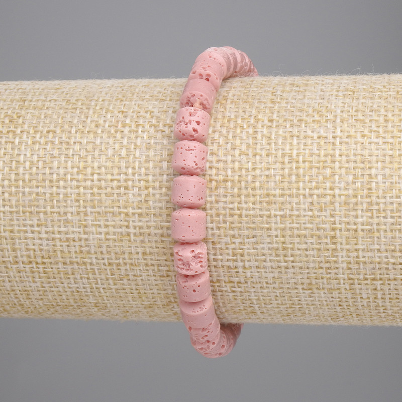 Bracelet Pink Volcanic Lava Cylinder Beads, 6x6mm diameter, stretchy 18cm length