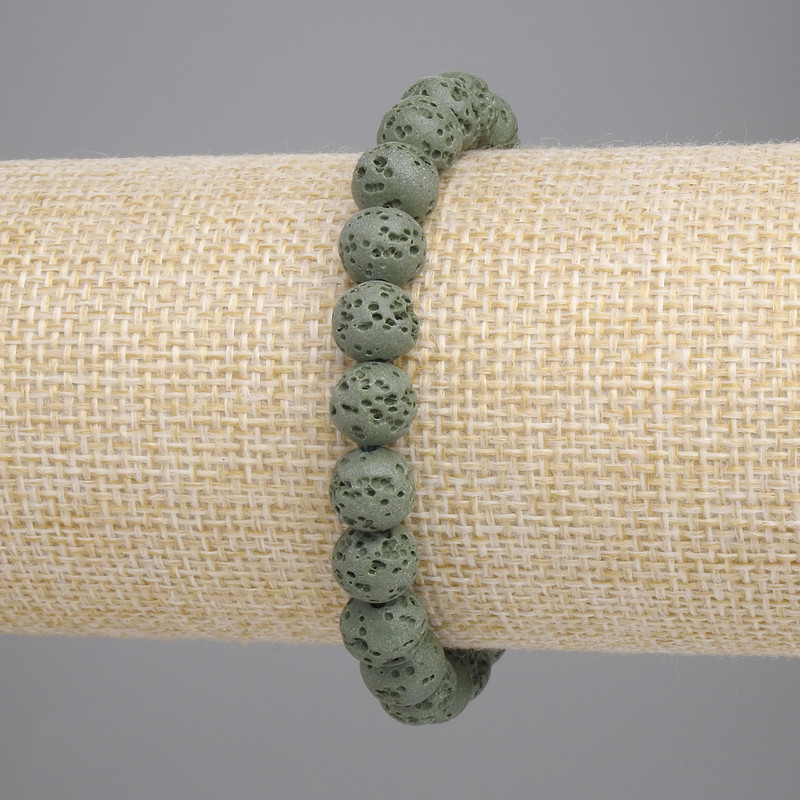 Bracelet of green volcanic lava beads, round 8mm diameter, length 18cm, stretch