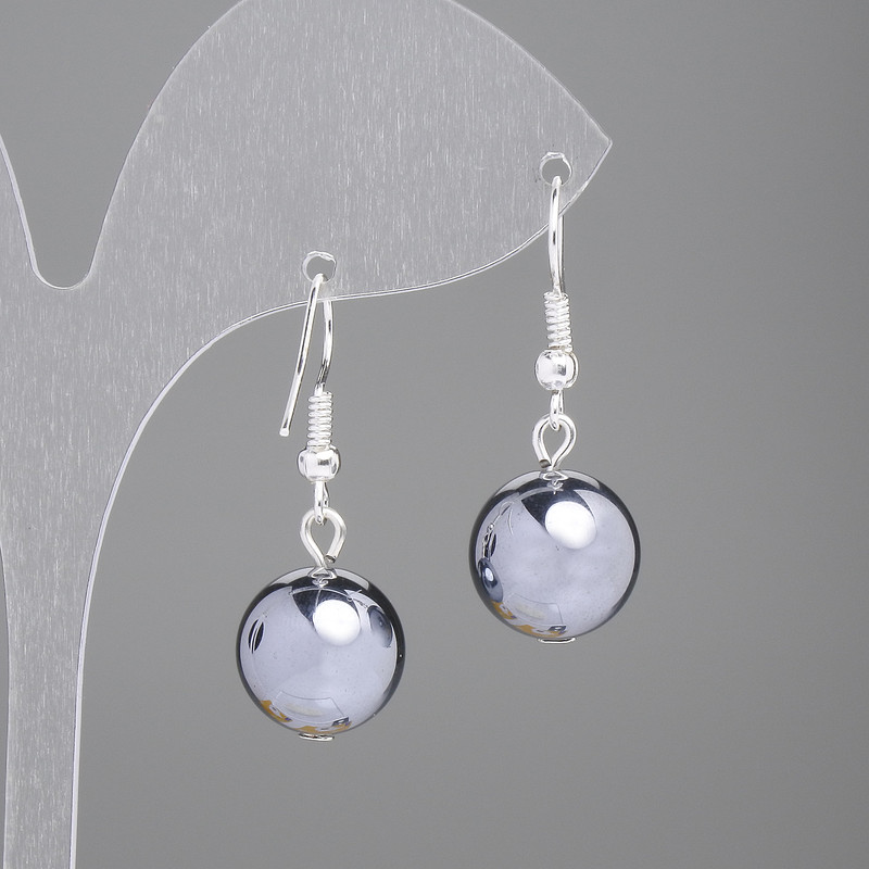 Hematite Smooth Bead Earrings, 12mm diameter, 33mm length