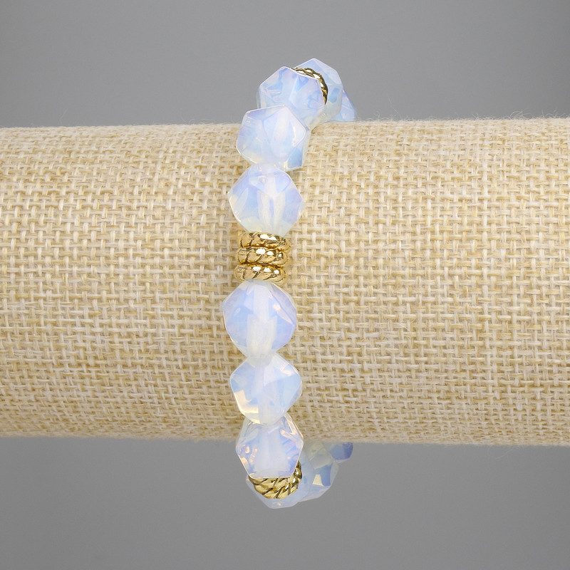Moonstone (Opalite) Multisided Bracelet, 11x10mm+- diameter, with metal inserts, 18cm+- stretch