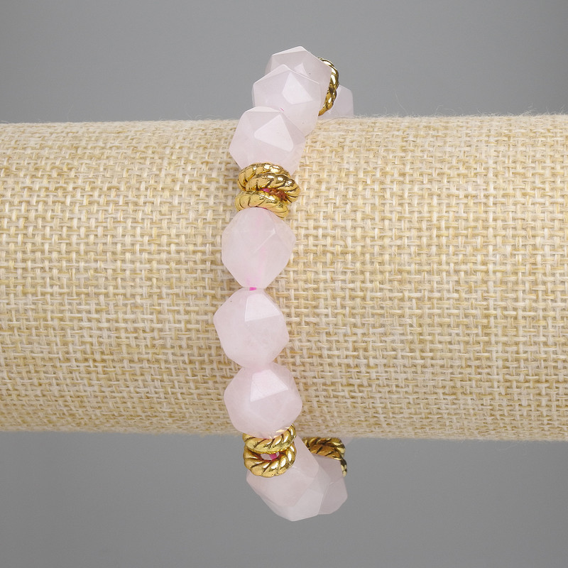 Bracelet Rose Quartz Faceted Beads, 12×11mm approx, with metal inclusions, length 18cm approx, stretch