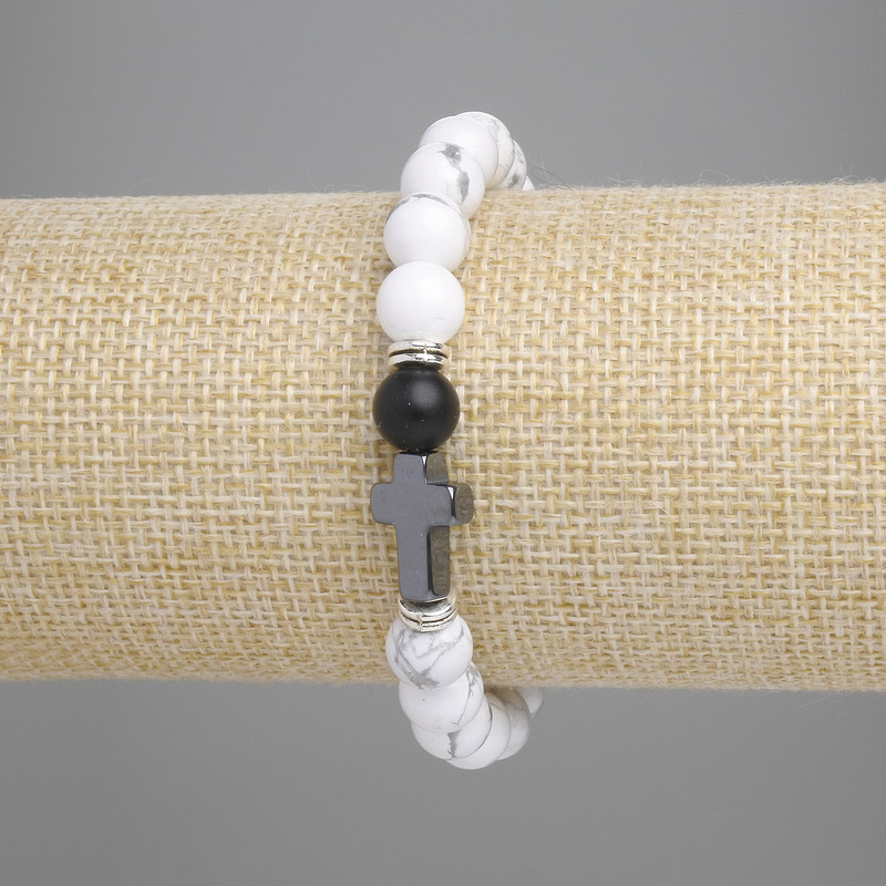 Chalcedony Bead Bracelet smooth ball, diameter 8mm± Hematite cross 14x9mm±, length 18cm± stretch
