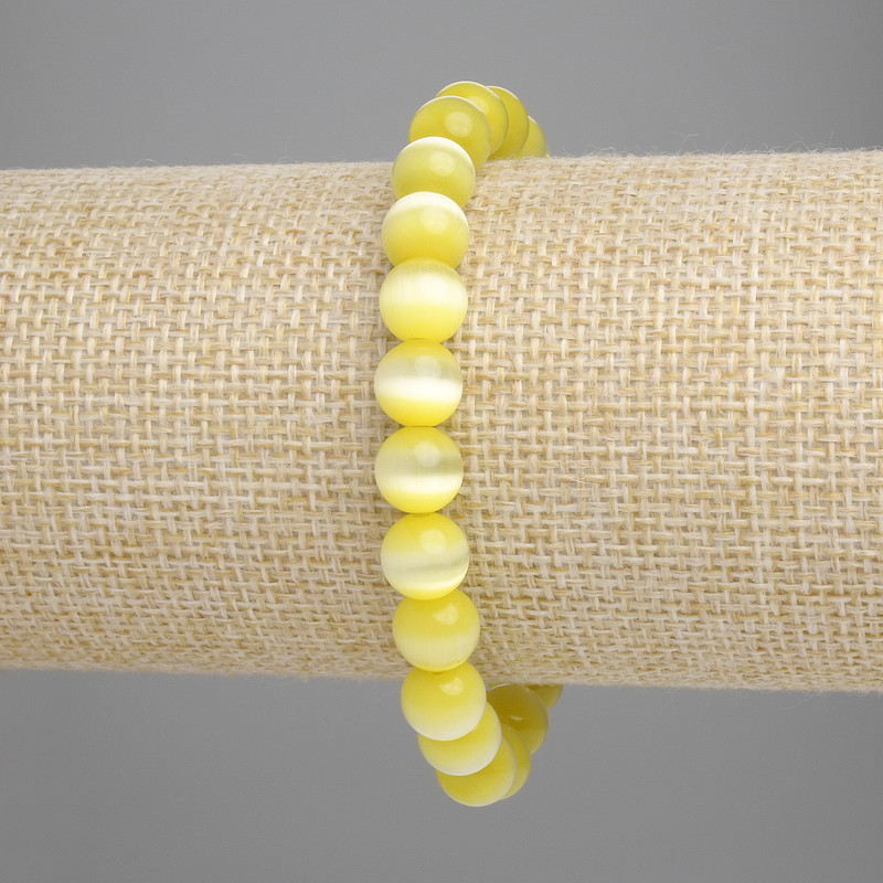 Yellow Cat's Eye (Synthetic) Bracelet, Smooth Round Bead, Diameter 8mm+/-, Length 18cm+/- Stretch