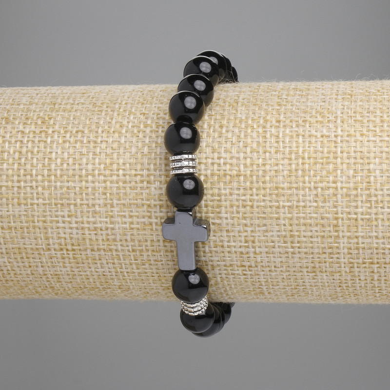 Agate Bead Bracelet, smooth round beads, 8mm ±, Hematite cross 14x10mm ±, length 18cm ±, stretch