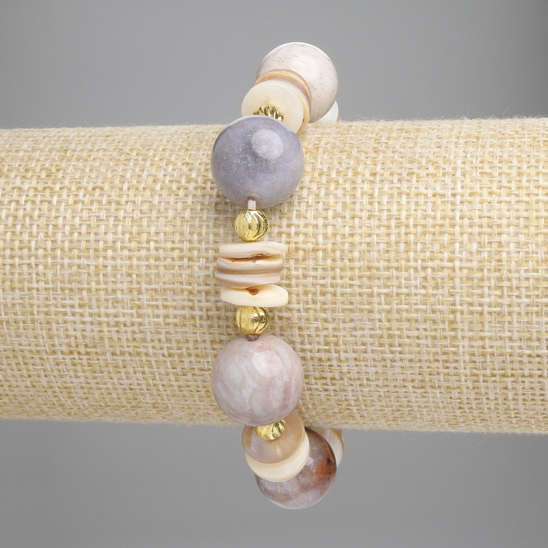 Bracelet of Fossilised Coral Smooth Bead 14mm+- Fossil Rondelle, diameter 10x2mm+ with metal inlays, length 18cm+- stretch