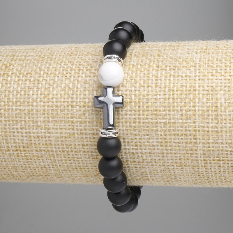 Shungite Bead Bracelet with smooth round beads, diameter 8mm±; Chalcedony bead 8mm±; Hematite cross 14x10mm±, length 18cm±, stretch