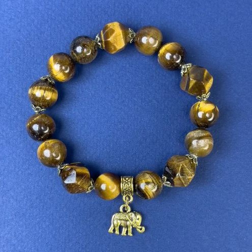 Tiger's Eye Bead Bracelet, Smooth Round Beads 10mm ± and Faceted 11mm+, Stretch Length 18cm ±