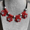 Necklace Red Flowers with White Crystal, diameter 35×29 mm ± beads 11 mm ± on cords, length 45–50 cm