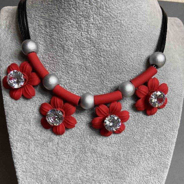 Necklace Red Flowers with White Crystal, diameter 35×29 mm ± beads 11 mm ± on cords, length 45–50 cm