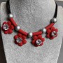 Necklace Red Flowers with White Crystal, diameter 35×29 mm ± beads 11 mm ± on cords, length 45–50 cm