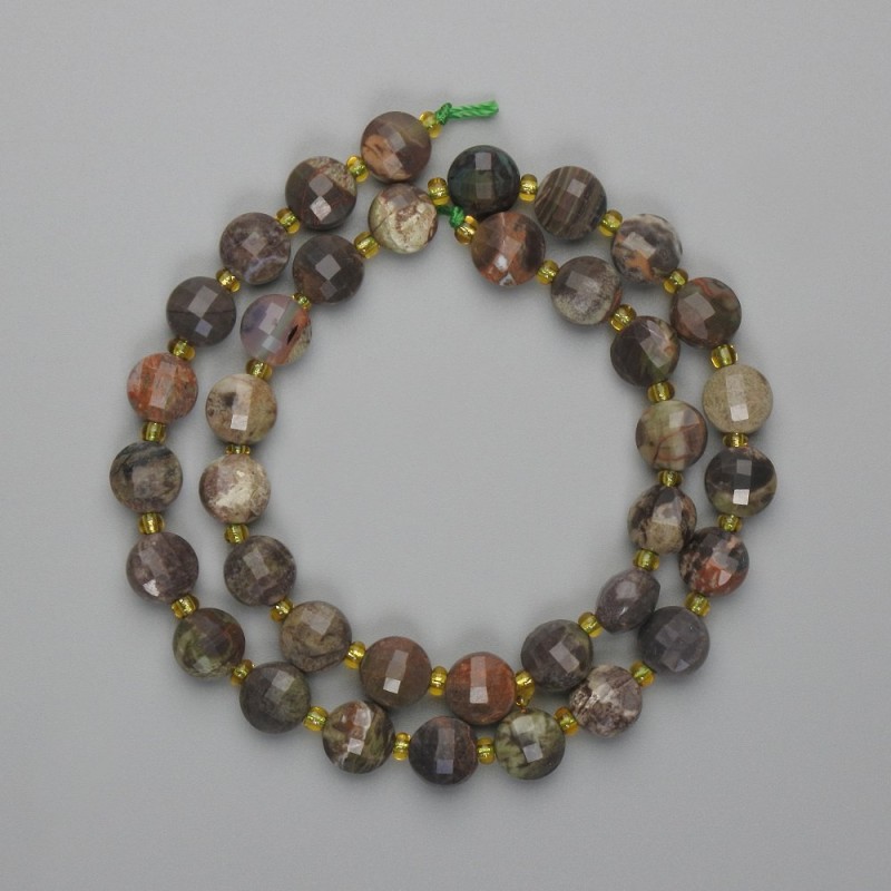 Landscape Jasper Beads Faceted Coin 9mm Ø, 3mm+ seed beads, 38cm+ length on thread