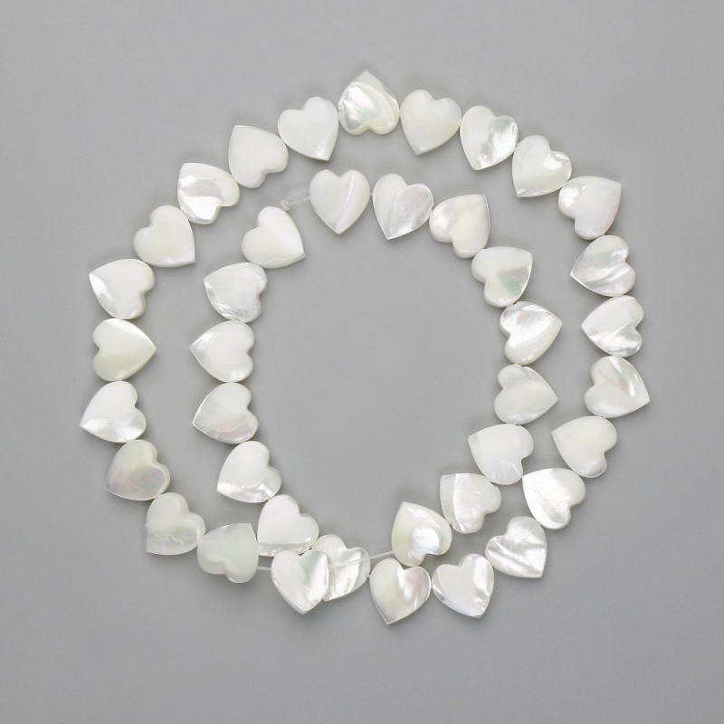 Mother-of-pearl heart beads, 10mm diameter, 40cm length on thread