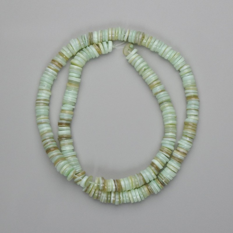 Mother-of-P Pearl Scarabka Shell Rondelle Beads, 6x1-1.5mm+, length 39cm+ on beading thread