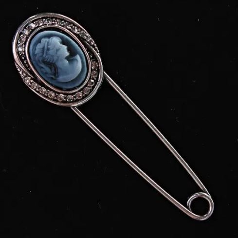 Brooch Pin Cameo with Grey Crystals, Silver-toned Metal 20x72mm