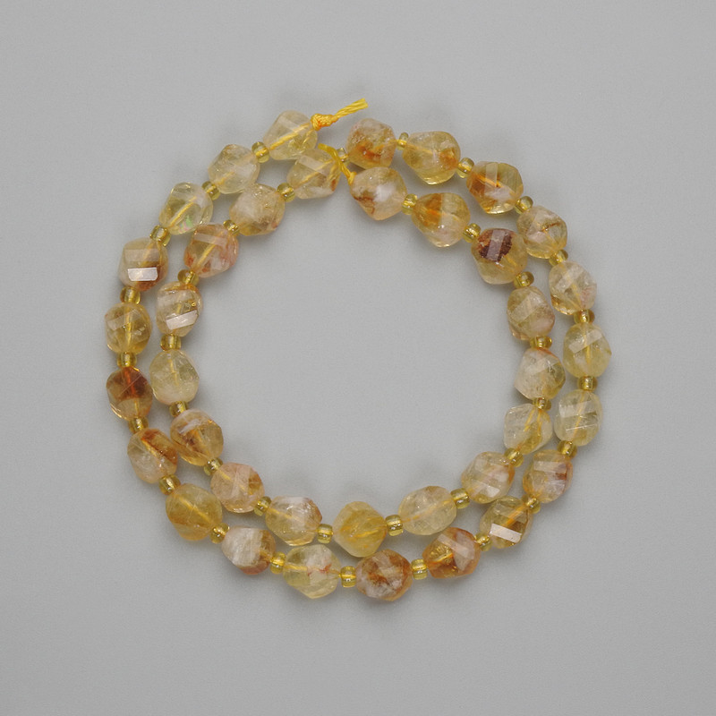Citrine Beads, Faceted Diamond-shaped 8×7mm ±, 3mm ± seed beads, 37cm ± on a thread