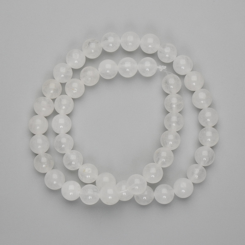 Beads White Quartz Smooth Round 9mm+-, length 38cm+- on beading thread